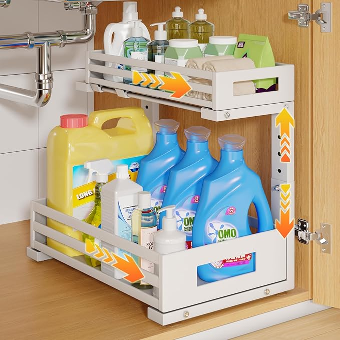 1-Pack Under Sink Organizers and Storage,2-Tier L Shape Pull Out Cabinet Organizer With Round Tube Slide Rails,Hight Adjustable Slide Out Drawers for Kitchen&Bathroom,Multi-Purpose Storage Shelf-White-NeatNest
