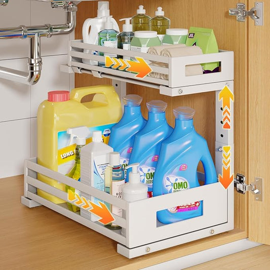 1-Pack Under Sink Organizers and Storage,2-Tier L Shape Pull Out Cabinet Organizer With Round Tube Slide Rails,Hight Adjustable Slide Out Drawers for Kitchen&Bathroom,Multi-Purpose Storage Shelf-White-NeatNest