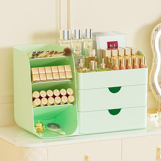 Makeup Organizer with Drawers,Large Capacity Countertop Organizer for Vanity,Bathroom and Bedroom Desk Cosmetics Organizer,Easy To Storage Skincare,Brushes, Eyeshadow,Lipstick (All Green, Large)