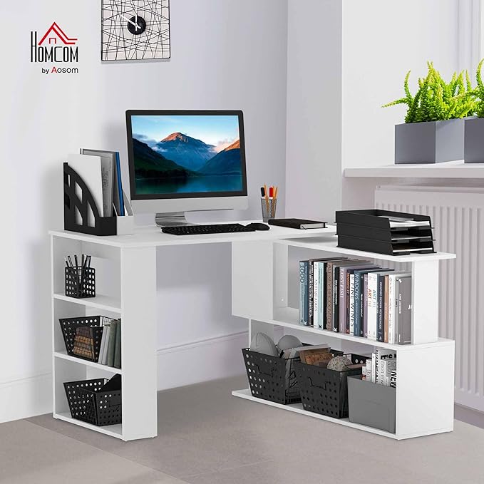 HOMCOM L Shaped Desk, Corner Computer Desk, 360 Degree Rotating Home Office Desk with Storage Shelves, Writing Table Workstation, White-NeatNest
