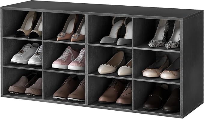 Garden 4 you Shoe Storage Bench, Cubby Shoe Rack with 12 Cubbies, 3-Tier Wood Shoe Rack Organizer, Shoe Organizer Cabinet for Entryway, Hallway, Closet and Garage, Black-NeatNest