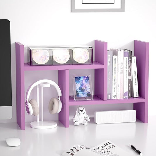 Jerry & Maggie Desktop Organizer Office Storage Rack Adjustable Wood Display Shelf Free Style Double H, Multi-Functional Mini Bookshelf for Desk Natural Stand (Violet)-NeatNest