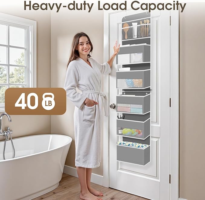 6-Tier Over The Door Organizer, Hanging Storage Organizer with Clear Window, 40lb Ultra Sturdy Large Capacity Room Organizer for Pantry Bathroom Nursery Closet Baby Essential (Grey)-NeatNest