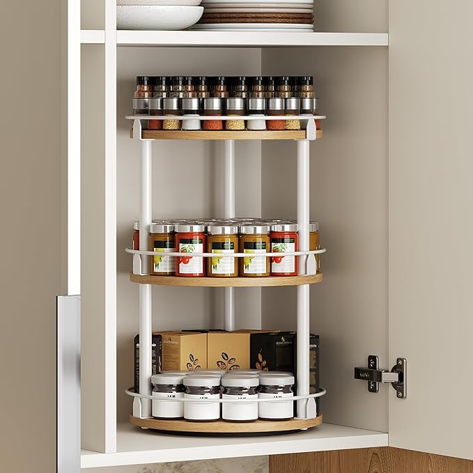 3-Tier Lazy Susan Organizer, Rotating Spice Rack, Spinning Organizer, Industrial Turntable Spice Rack Organizer for Cabinet, Kitchen Countertop, Pantry, White and Natural SR23WN-NeatNest
