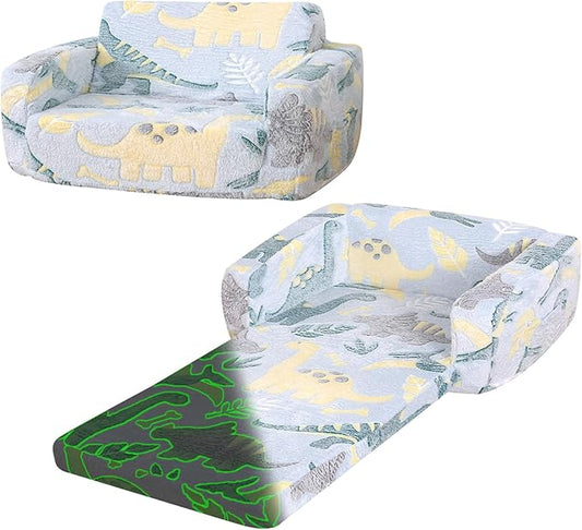 Foldable Kids Sofa Extra Wide for 2 Seats,Soft Kids Fold Out Couch Glow in The Dark,Convertible Sofa to Lounger Toddler Sofa Chair(Dinosaur)-NeatNest