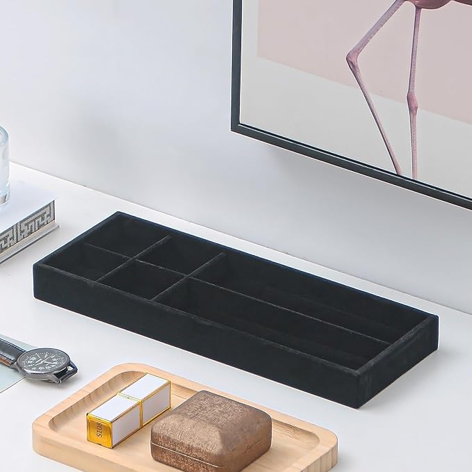 2Pcs Desk Drawer Storage Tray, Nightstand Organizer Tray, Necklace Bracelet Ring Earring Jewelry Display Tray, Grid Table Organizer Holder Tray for Sunglass, Phone, Watch, Perfume (6 grid)/Black-NeatNest