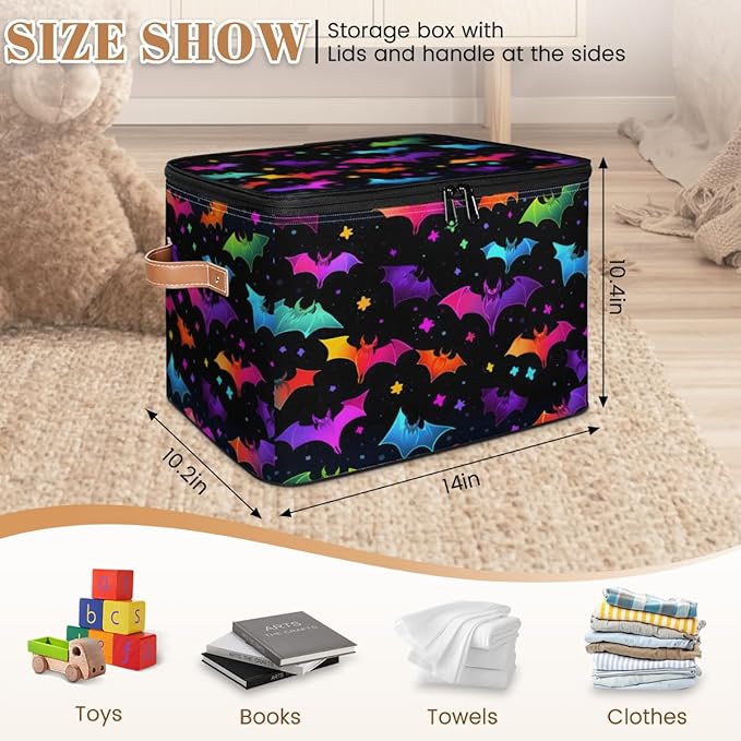 Halloween Bat Storage Bins with Lids, Colorful Bats Fabric Storage Boxes with Zipper, Collapsible Decorative Closet Organizer Cube for Clothes,Organizing, Shelves-NeatNest