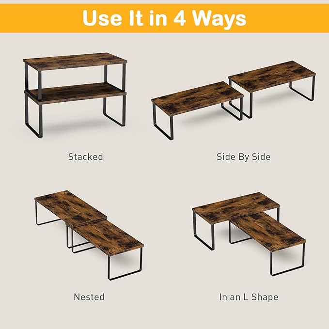 Cabinet Shelf Organizers, 15.7 inches Large Kitchen Counter Shelf, Set of 4 Wood Kitchen Pantry Organizer, Storage Shelves for Countertop, Spice Rack, Stackable, Expandable, Metal Black, Brown-NeatNest