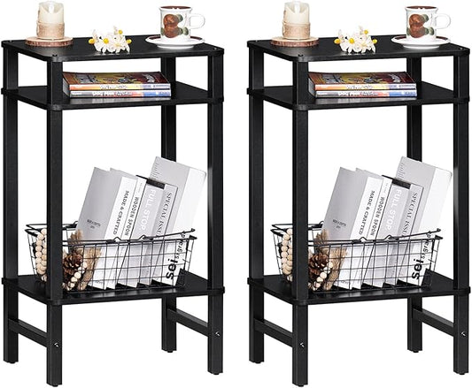 28in Tall Side Table Set of 2, 3-Tier Small Narrow End Table for Couch, Skinny Nightstand for Small Space, Farmhouse Slim Night Stand with Storage, Wooden Frame Thin Bedside Table, Black