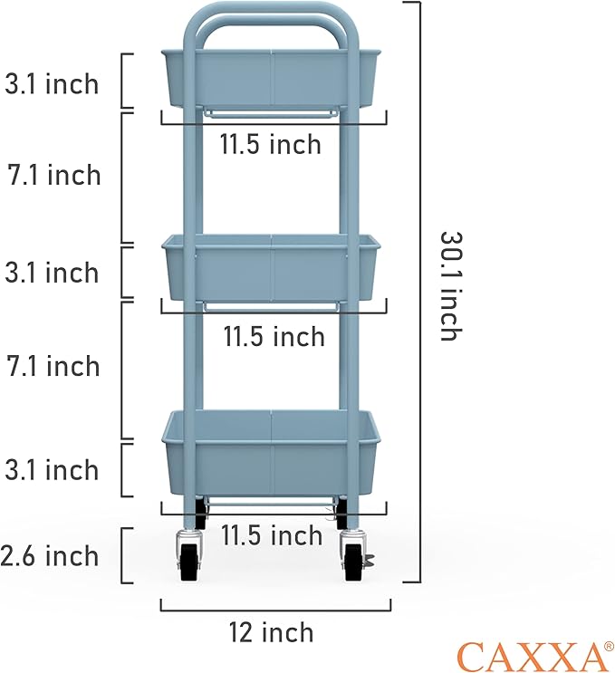 CAXXA 3-Tier Rolling Metal Storage Organizer - Mobile Utility Cart with Caster Wheels, Blue-NeatNest
