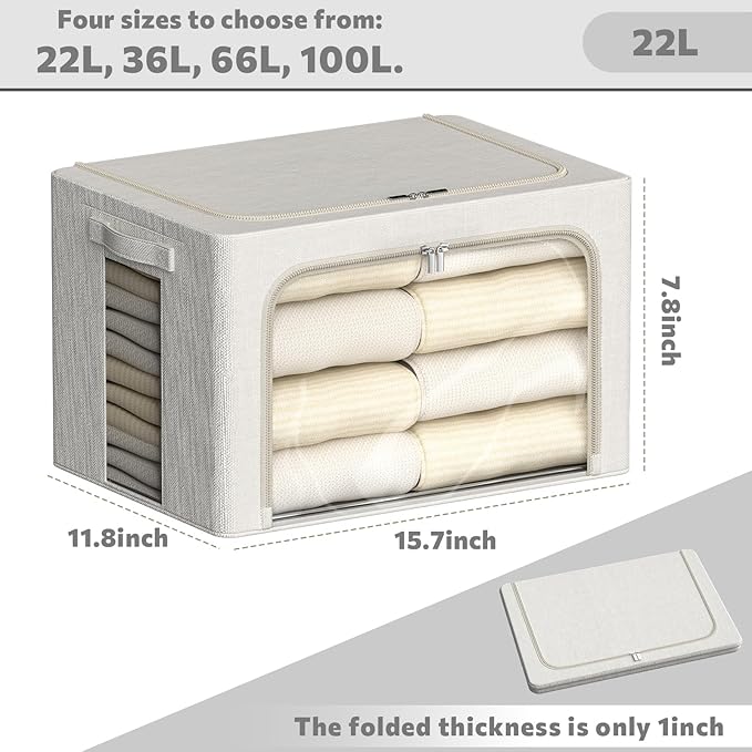 2 Pack Clear Window Storage Bins Large Stackable Linen Fabric Storage for Clothes Foldable Container Organizer Set with Carrying Handles (Lvory White, 15.7x 11.8x 7.8Inch)-NeatNest