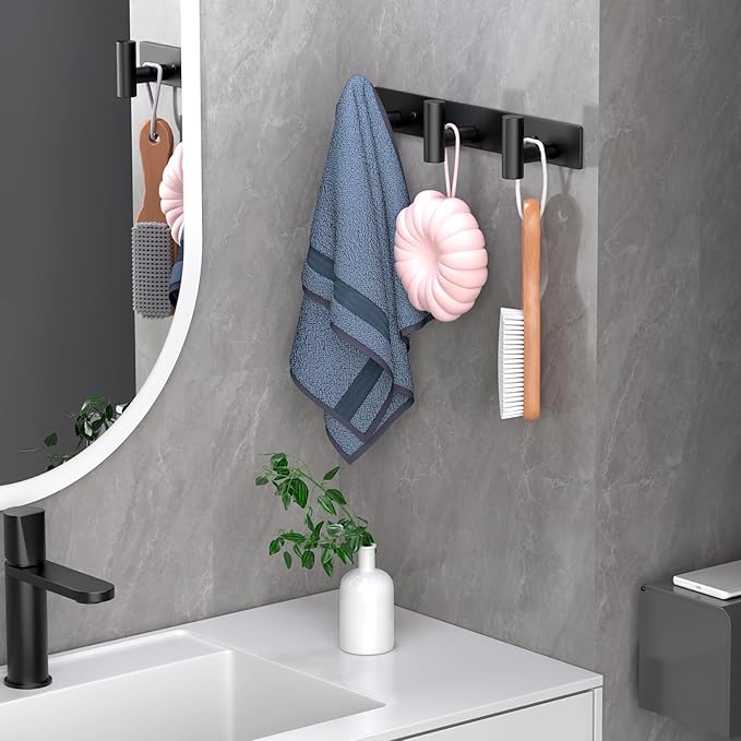 Wall Mounted Coat Rack-3 Hooks, Heavy Duty Stainless Steel Hook Rail for Towel Coat Hat Purse Bag Jacket, Towel Hooks for Entryway Bathroom Kitchen (Black 3 Hooks - 1 Pack)-NeatNest