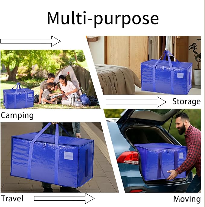 Extra Large Heavy Duty Moving Bags - Waterproof Storage Totes with Reinforced Handles & Zippers, Foldable for College Dorm Essentials, Clothes Storage & Travel (12-Pack Blue)