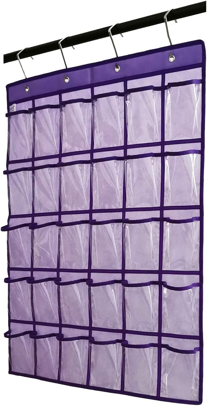 Classroom Pocket Chart for Phone Calculator Holder Over The Door Hanging Closet Jewelry Organizer with 30 Clear Pockets (Purple)-NeatNest
