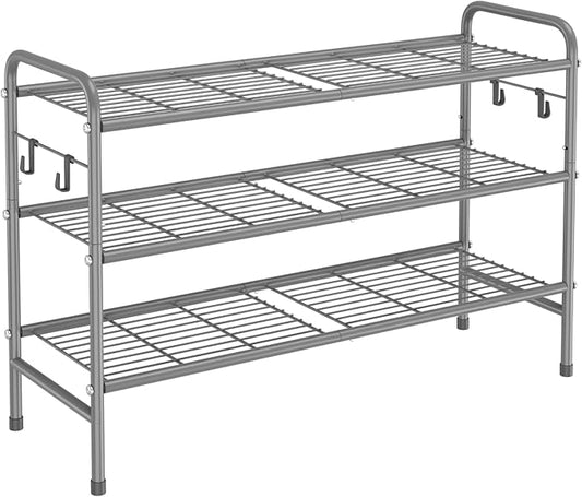 3 Tier Shoe Rack 33" Wide Metal Shoe Organizer Long Shoe Storage with 4 Side Hooks Sturdy Shoes Shelf for Front Door Entrance, Closet, Garage, Dorm, Grey-NeatNest