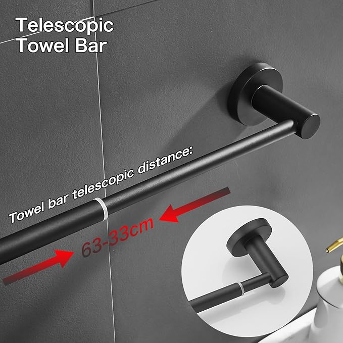 Adjustable Towel Racks Bathroom Towel Drying Rack Wall Mounted Expandable Towel bar 15.7-27.7 inches can be Extended Telescopic Towel bar (Black)