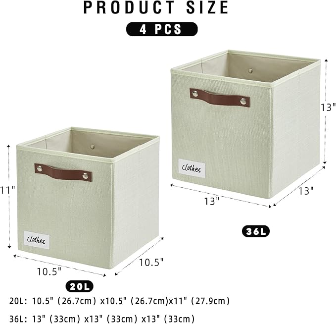 Collapsible Fabric Storage Cube Bins with 2 Reinforced PU Handles, Foldable Storage Organizer Baskets for Closet, Shelves, Living Room | 11"x11"x11", 4 Pack, Sage Green-NeatNest