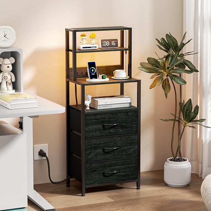 Furnulem Night Stand, Tall Nightstand with 4-Tier Shelves and 3 Fabric Drawers, LED Bed Side Tables with Charging Station, Bedside Table for Bedroom, Hallway, Home Office, Black Oak
