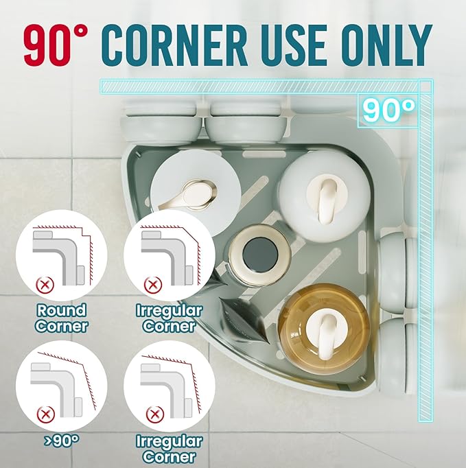 TAILI Corner Shower Caddy with Suction Cups, Wall Mounted Organizer Plastic Rack for Small Bathrooms, Kitchen, Removable Drill-Free Heavy Duty Shelf Basket, Grey