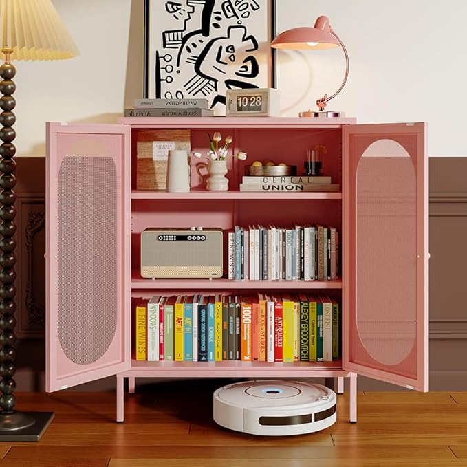 2 Doors Locker Metal Storage Cabinet, Storage Cabinet with Legs, Buffet Cabinet with Adjustable Shelves for Home, Office, Entryway and Hallway (Mesh Door Cabinet, Pink)
