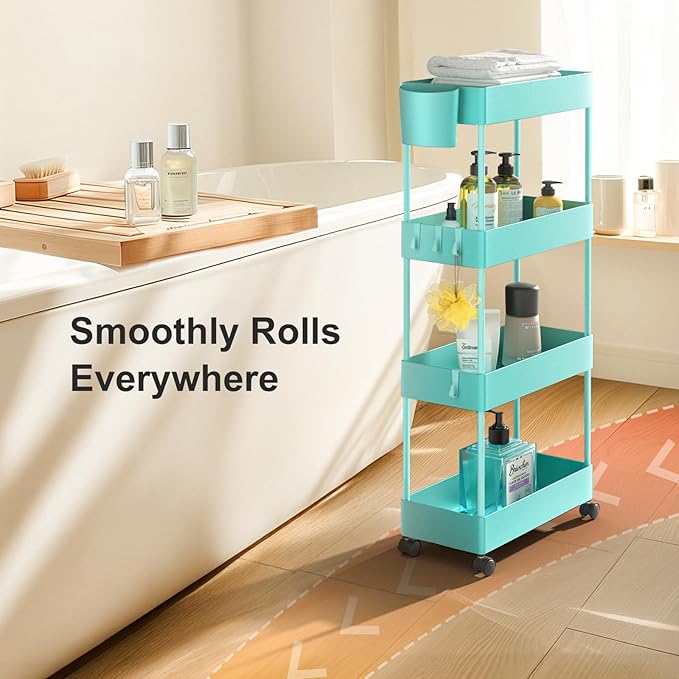 Pipishell Slim Storage Cart with Wheels, 4 Tier Bathroom Storage Organizer Rolling Utility Cart for Bathroom Kitchen Laundry Room Office Narrow Place (Turquoise)-NeatNest