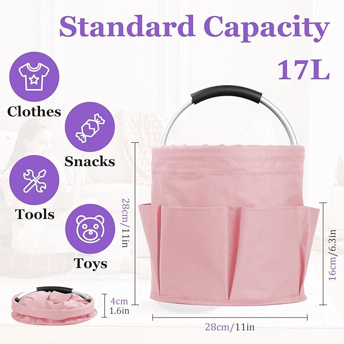 17L Portable Shower Caddy with 6 Side Pockets, Foldable Cleaning Supply Caddy with Handle, Garden Tool Bag in 600D Oxford Fabric, Multifunctional Storage Basket for Showers, Picnics, Pink-NeatNest