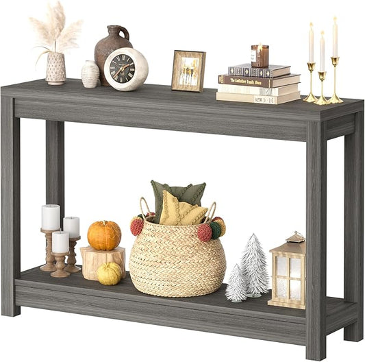 47" Farmhouse Wood Entryway Table Narrow Console Table with Storage Behind Couch Sofa Table with Shelves Entry Way Table with Open Storage, Easy Assembly, Grey Walnut-NeatNest