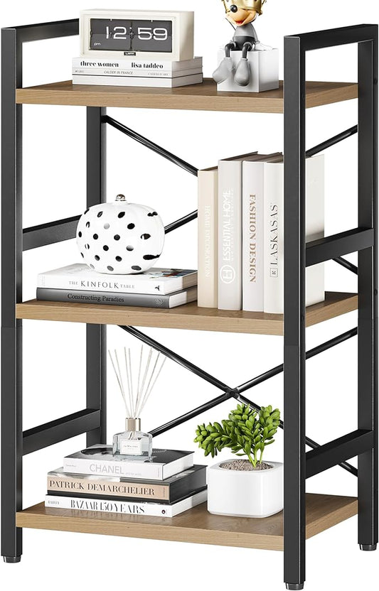 Homeiju Bookshelf, 3 Tier Industrial Bookcase, Metal Small Bookcase, Rustic Etagere Book Shelf Storage Organizer for Living Room, Bedroom, and Home Office(Light Coffee) Patent Pending D29873033