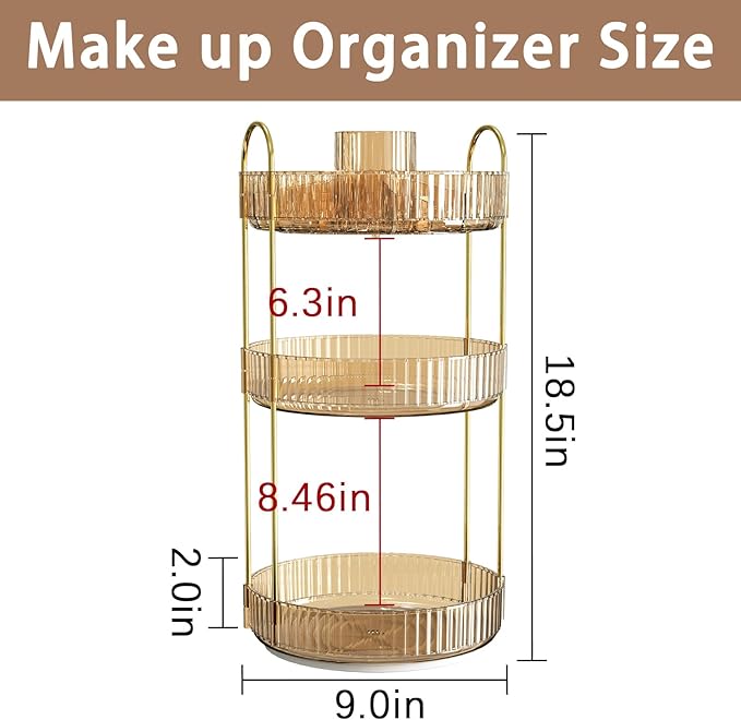Rotating Makeup Organizer for Vanity, High-Capacity Skincare Clear Make Up Storage Perfume Organizers Cosmetic Dresser Organizer Countertop 360 Spinning (Gold, New-3 Tier)-NeatNest