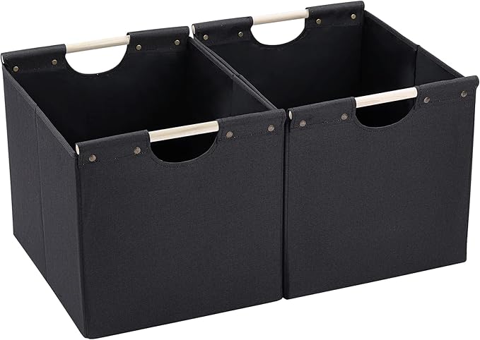 HOONEX Large Collapsible Storage Bins, Linen Fabric, Pack of 2, Storage Baskets with Wooden Carry Handles and Sturdy Heavy Cardboard, for Home, Office, Car, Nursery, Black