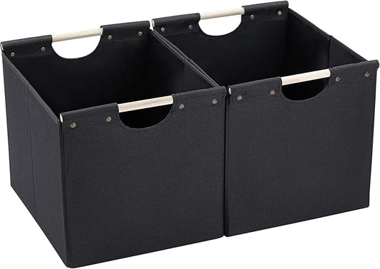 HOONEX Large Collapsible Storage Bins, Linen Fabric, Pack of 2, Storage Baskets with Wooden Carry Handles and Sturdy Heavy Cardboard, for Home, Office, Car, Nursery, Black
