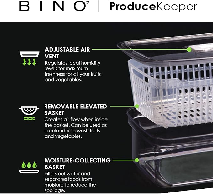 BINO | Produce Saver - 15.2 Cup/3.6L | Fridge Storage Containers for Fruits and Vegetables | Vegetable Storage with Adjustable Air Vent, Removable Basket | BPA-Free Fridge Organizers and Storage-NeatNest
