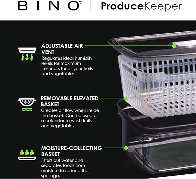 BINO | Produce Saver - 6.8 Cup/1.6L | Fridge Storage Containers for Fruits and Vegetables | Adjustable Air Vent, Removable Basket | BPA-Free Fridge Organizers-NeatNest