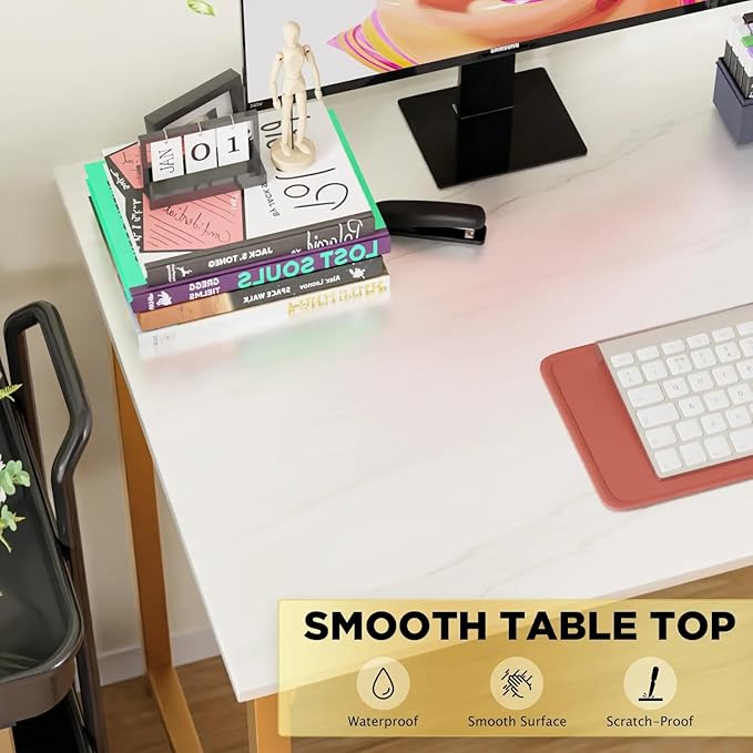 40 Inch Computer Desk for Bedroom，Sturdy Wooden Work Desk for Home Office，Simple Modern Style Tables with Metal Desk Legs Writing Study Table for Adults&Kids,White Gold