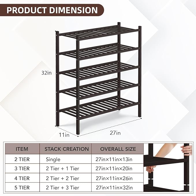 5 Tier Bamboo Shoe Rack Storage Organizer for Closet, Multifunctional Stackable Free Standing Shoe Shelf Organizer for Small Space,Entryway, Hallway, Bathroom27 x11 x32 (Brown, 5 Tier)-NeatNest