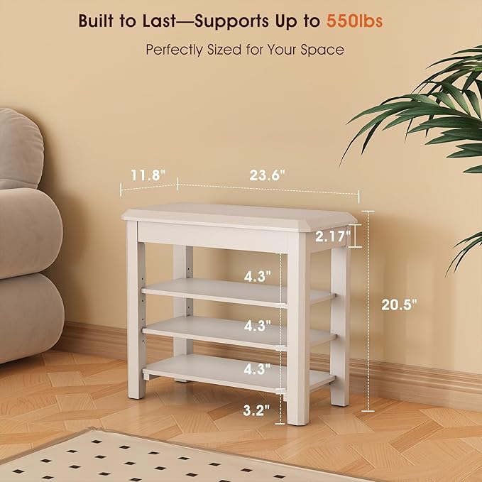 Shoe Rack Bench Seat Rubberwood 3-Tier Wooden Storage Bench 550lbs Compact Mid-Century Modern Design for Entryway, Hallway, Closet, Front Door Entrance, Foyer