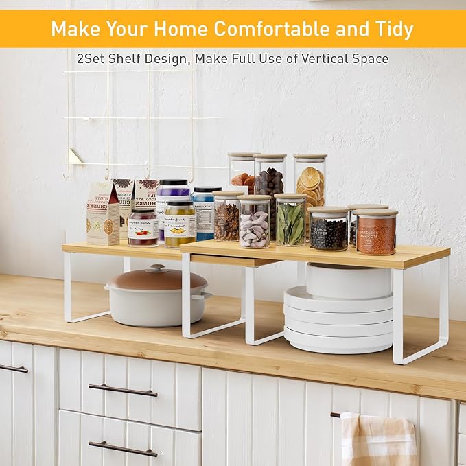 Cabinet Shelf Organizers, 15.7 inches Large Kitchen Counter Shelf, Set of 2 Wood Kitchen Pantry Organizer, Storage Shelves for Countertop, Spice Rack, Stackable, Expandable, Metal White, Nature-NeatNest