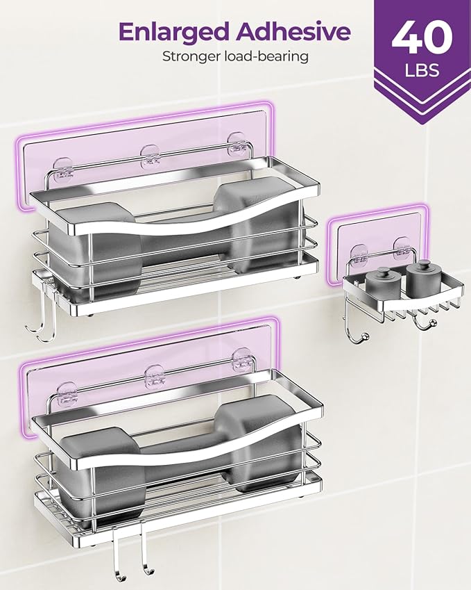 ODesign Shower Caddy 3 Pack-Shower Organizer Shelves Rack Rustproof SUS304 Stainless Steel for Bathroom Storage&Kitchen-No Drilling Adhesive Shower Caddy Shelf Dorm Room Essentials-Silver