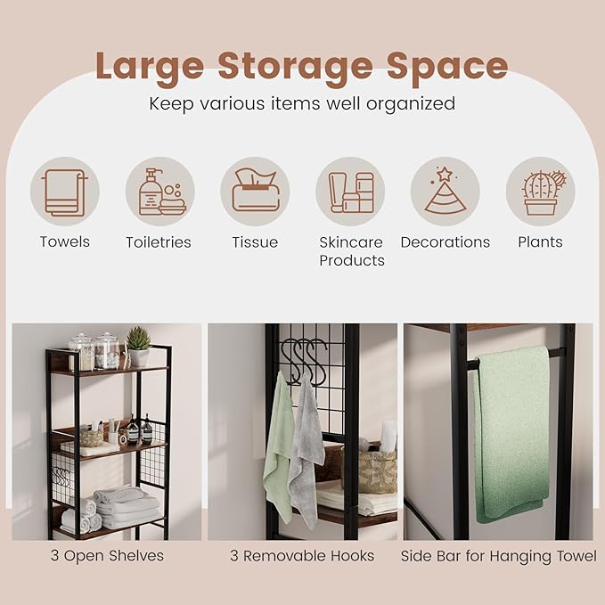 Giantex Over-The-Toilet Storage Shelf, 3-Tier Bathroom Space Saver with 3 Hooks, Industrial Tower Rack for Restroom, Kitchen, Freestanding Bathroom Organizer (Rustic Brown)