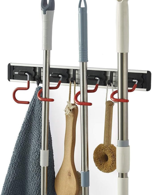 QBOSO Wall Mounted Mop and Broom Holder Stainless Steel S Type Broom Rack Anti-Slip Mop Organizer (17 Inches,4 Positions 3 Hooks, Red black)-NeatNest