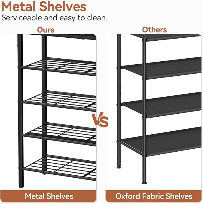 Shoe Rack for Entryway, 5 Tier Shoe Organizer with 2 Non-Woven Drawers, Metal Storage Shoe Shelf for 16-20 Pairs of Shoes, with Wooden Top and Steel Frame, Shoe Stand for Closet Charcoal-NeatNest