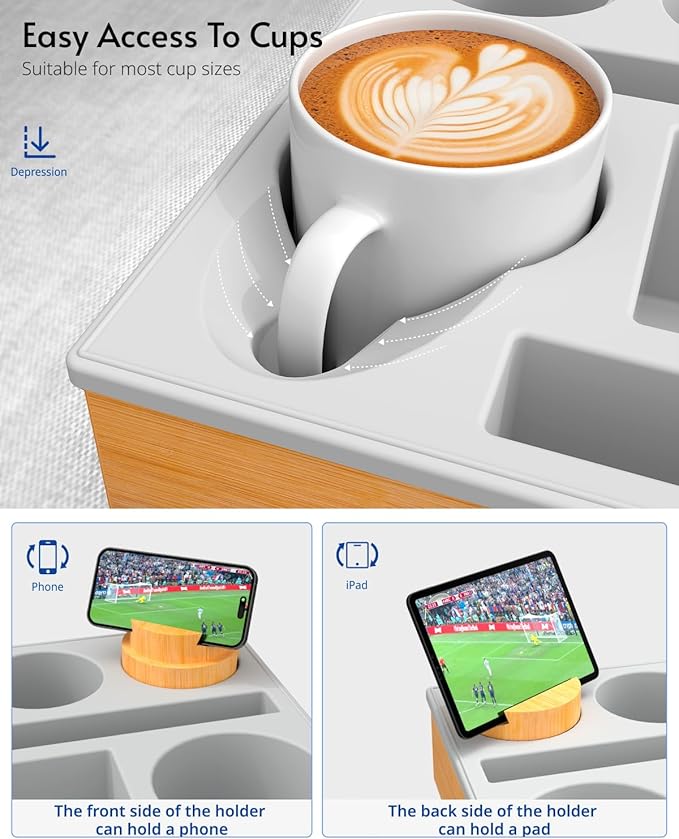 Couch Cup Holder Tray - Couch Organizer Caddy, Silicone Beach Caddy with Cup Holder, Sofa and Bed Drink Holder and Couch Tray Table for Snacks Beverage Remote (Gray)-NeatNest