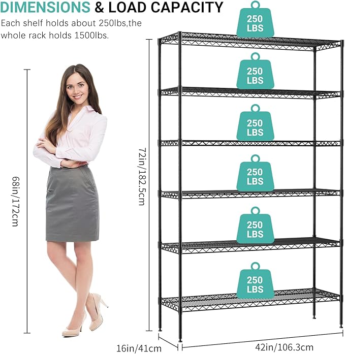 6-Tier Wire Shelf 72" x 16" x 42" Metal Storage Shelves - Whole Rack Can Hold 1500 Pounds - Adjustable Storage Racks NSF Wire Shelving Units for Basement Garage Kitchen, Black