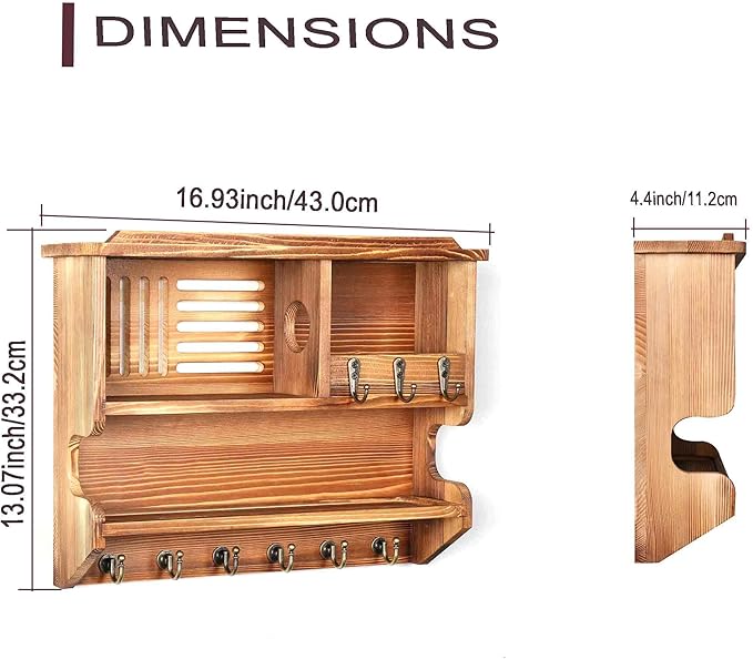Key Holder for Wall, Mail and Key Holder for Home Decor, Key and Mail Holder for Wall with Key Hooks, Brown