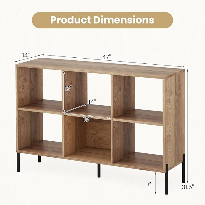6 Cube Bookcase, Wood Storage Organizer with 5 Metal Legs, Bookshelf with Storage, Cubical Storage Shelf, Wooden Book Shelf, Display Shelves for Bedroom, Living Room, Entryway (Natural)
