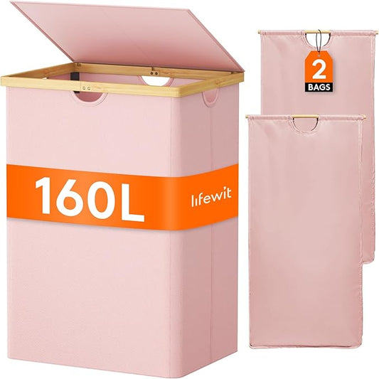 Lifewit 160L Double Laundry Hamper with Lid, Extra Large Bamboo Laundry Basket Dirty Clothes Hamper, 2 Section Laundry Bin Organizer for Laundry Room Bedroom with 2 Removable Liners & Bags, Pink-NeatNest