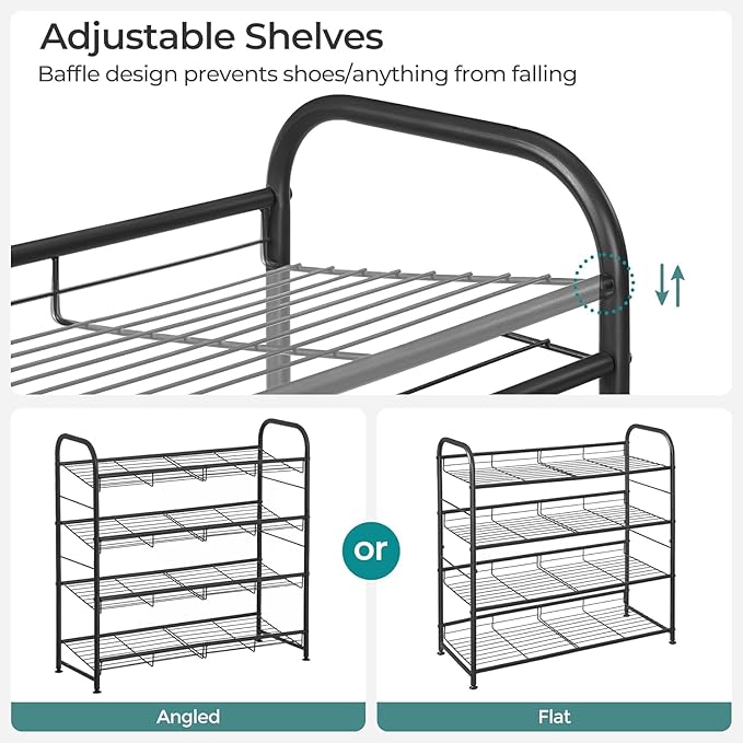 SONGMICS Stackable Shoe Rack, 4 Tier Metal Shoes Rack Storage Shelf, Holds up to 20 Pairs Shoes, Adjustable Slanted Shelves Shoe Tower Organizer for Closet Entryway Small Spaces, Black-NeatNest