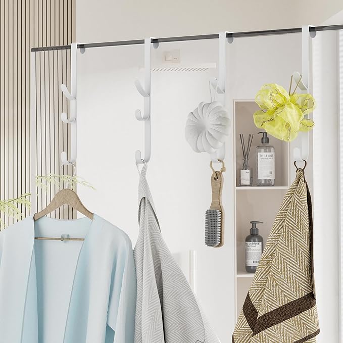 Over The Door Hooks Hanger,Over The Door Towel Hook Organizer Hanging for Coat Clothes Backpack hat Purse Metal Towel Rack Back of Shower for Bathroom,Dorm,Bedroom,Kitchen,Office Closet White-4Packs