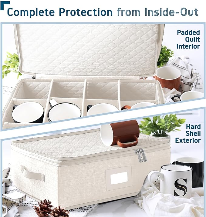 Hearth & Harbor Coffee Mug Storage, Quilted and Stackable Coffee Cup Storage Organizer for Service of 12, Mug Storage Box with Dividers, China Containers Hard Shell for Moving and Organization, Cream-NeatNest