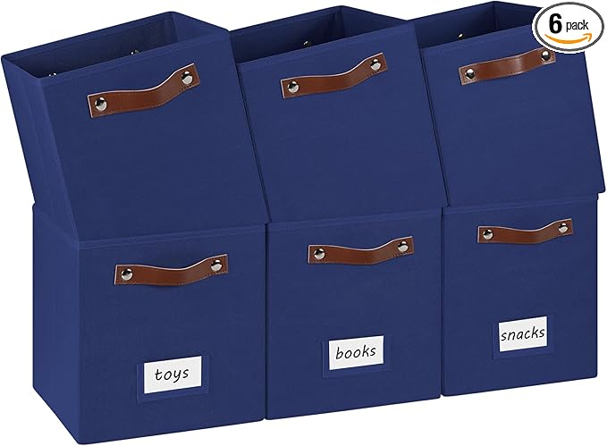 6-Pack Collapsible Fabric Storage Cubes with Handles & Label Holders, Closet Cube Home Organizer Bins (Navy Blue, 10.5*10.5*11 inch)